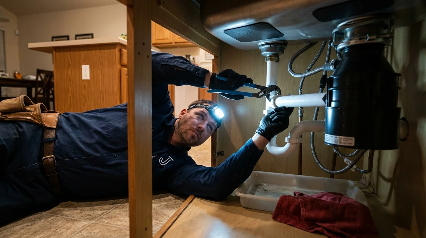 P-trap and supply line connections under a kitchen sink showing a common leak point in Bristol, FL